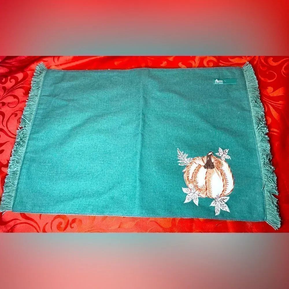 NEW! Pumpkin Foliage Embroidered Green Placemat Fringed Edges